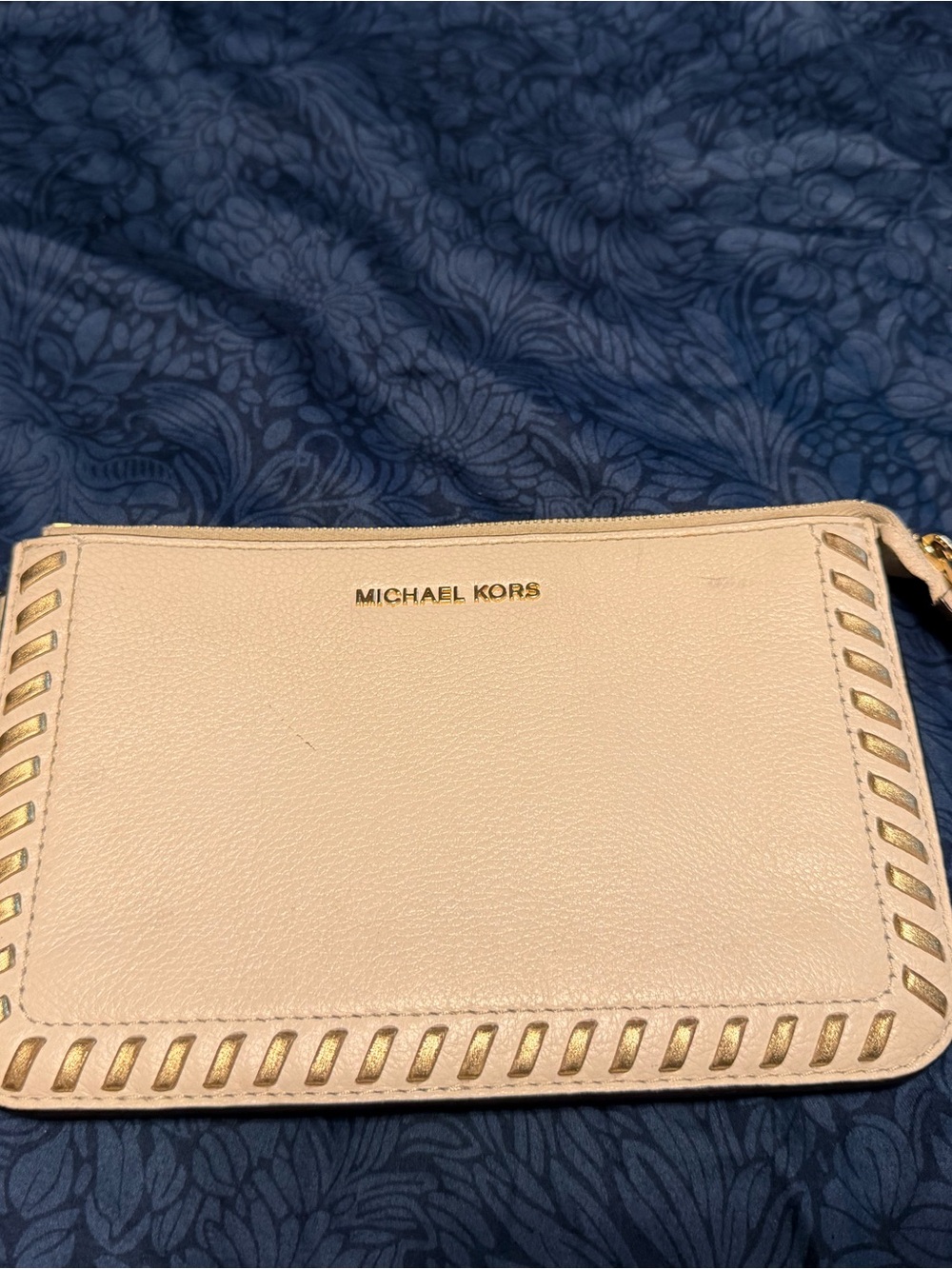 Michael Kors Cream Leather Wristlet with Gold Trim